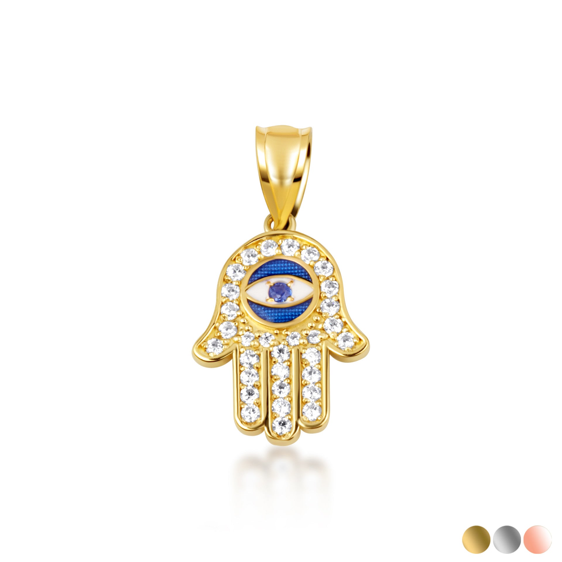 Gold Enamel Cubic Zirconia Studded Hamsa Hand Evil Eye Of Protection Pendant Necklace (Available in Yellow/Rose/White Gold)