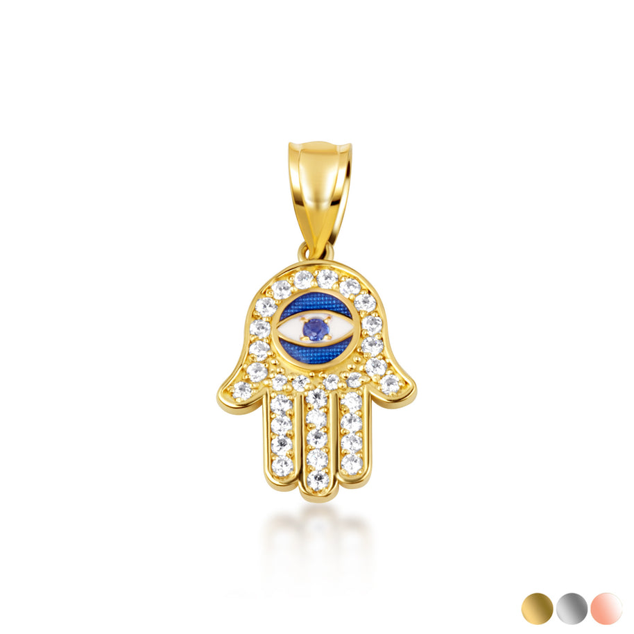 Gold Enamel Cubic Zirconia Studded Hamsa Hand Evil Eye Of Protection Pendant Necklace (Available in Yellow/Rose/White Gold)
