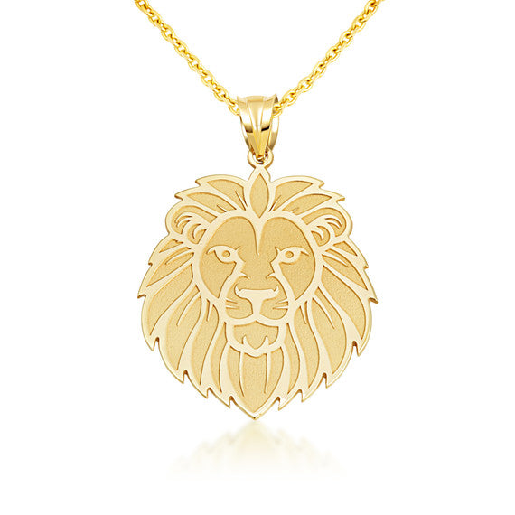 14K Yellow Gold Lion Head Satin Finish Pendant Necklace (Available in Small/Large)