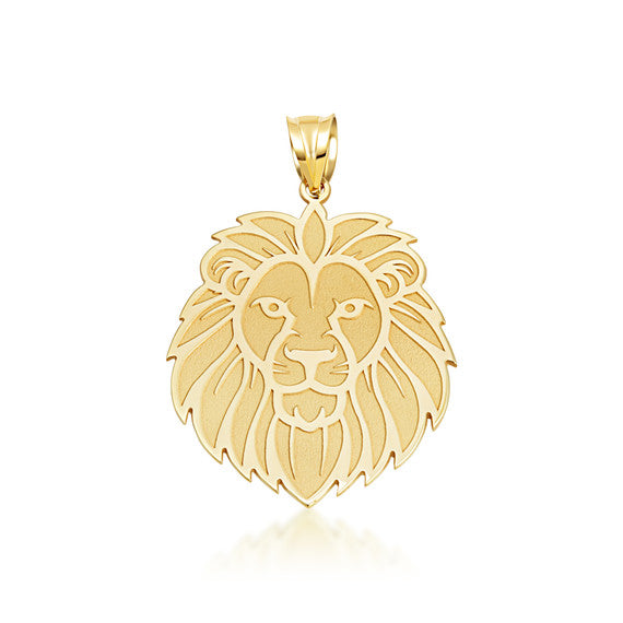 14K Yellow Gold Lion Head Satin Finish Pendant Necklace (Available in Small/Large)