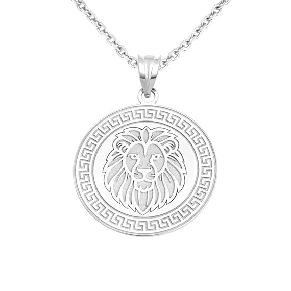 .925 Sterling Silver Lion Head Greek Key Medallion Pendant Necklace (Available in Small & Large)