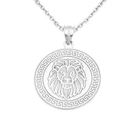 .925 Sterling Silver Lion Head Greek Key Medallion Pendant Necklace (Available in Small & Large)