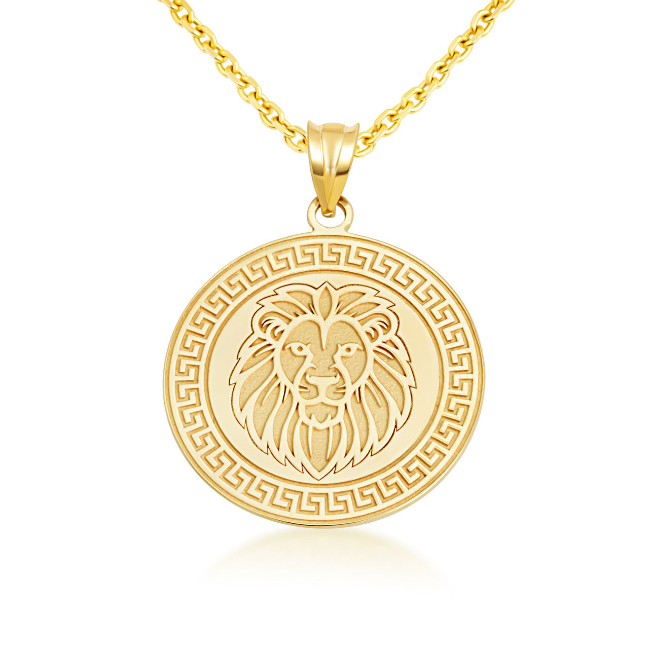 14K Yellow Gold Lion Head Greek Key Medallion Pendant Necklace (Available in Small/Large)