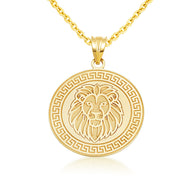 14K Yellow Gold Lion Head Greek Key Medallion Pendant Necklace (Available in Small/Large)