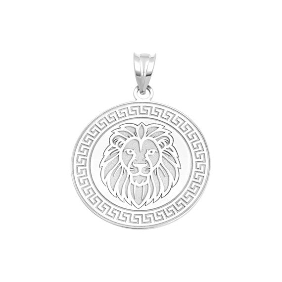 .925 Sterling Silver Lion Head Greek Key Medallion Pendant Necklace (Available in Small & Large)