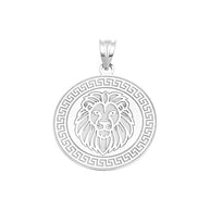 .925 Sterling Silver Lion Head Greek Key Medallion Pendant Necklace (Available in Small & Large)