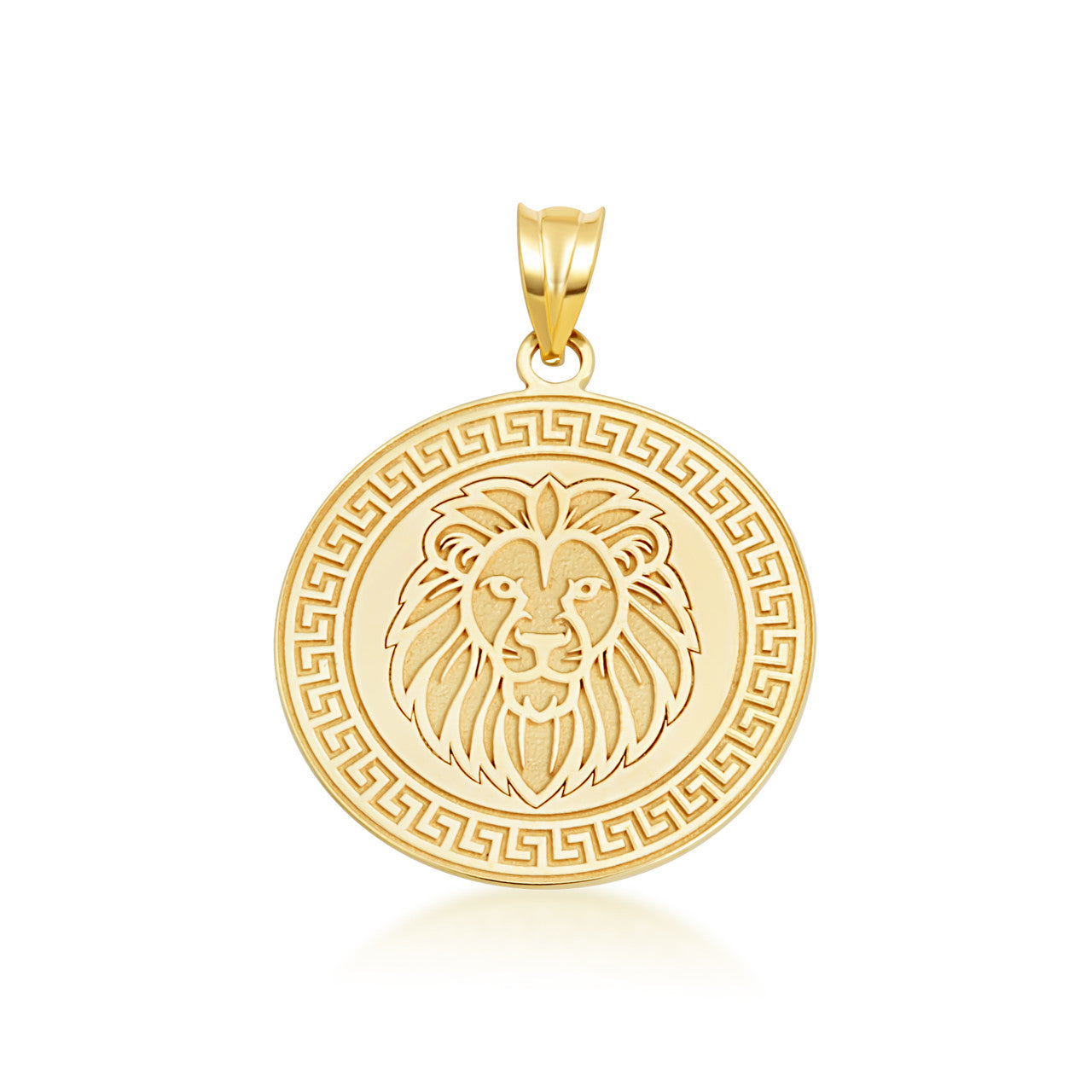 14K Yellow Gold Lion Head Greek Key Medallion Pendant Necklace (Available in Small/Large)