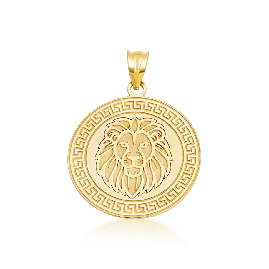 14K Yellow Gold Lion Head Greek Key Medallion Pendant Necklace (Available in Small/Large)