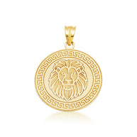 14K Yellow Gold Lion Head Greek Key Medallion Pendant Necklace (Available in Small/Large)