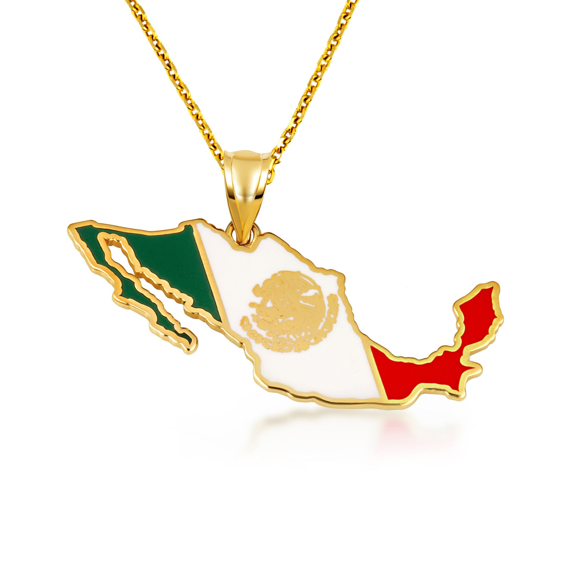 Gold Mexico Map Flag Enamel Pendant Necklace (Available in Yellow/Rose/White Gold)