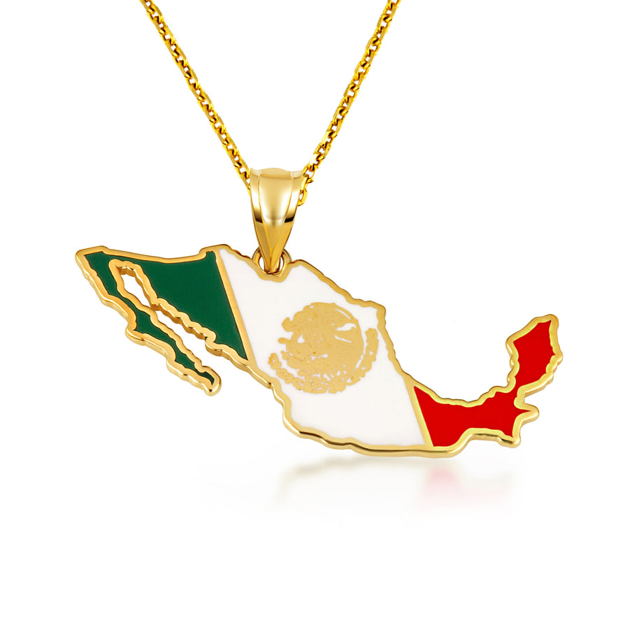 Gold Mexico Map Flag Enamel Pendant Necklace (Available in Yellow/Rose/White Gold)