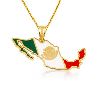 Gold Mexico Map Flag Enamel Pendant Necklace (Available in Yellow/Rose/White Gold)