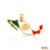 Gold Mexico Map Flag Enamel Pendant Necklace (Available in Yellow/Rose/White Gold)