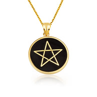 Gold Enamel Wiccan 5 Point Star Pentagram Medallion Pendant Necklace (Available in Yellow/Rose/White Gold)