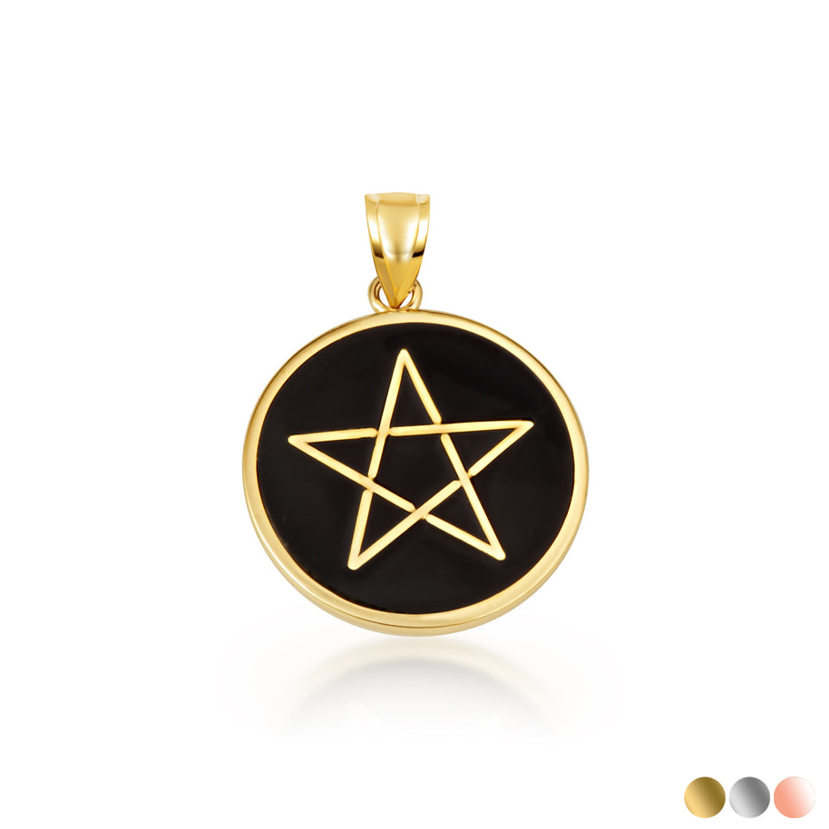Gold Enamel Wiccan 5 Point Star Pentagram Medallion Pendant Necklace (Available in Yellow/Rose/White Gold)