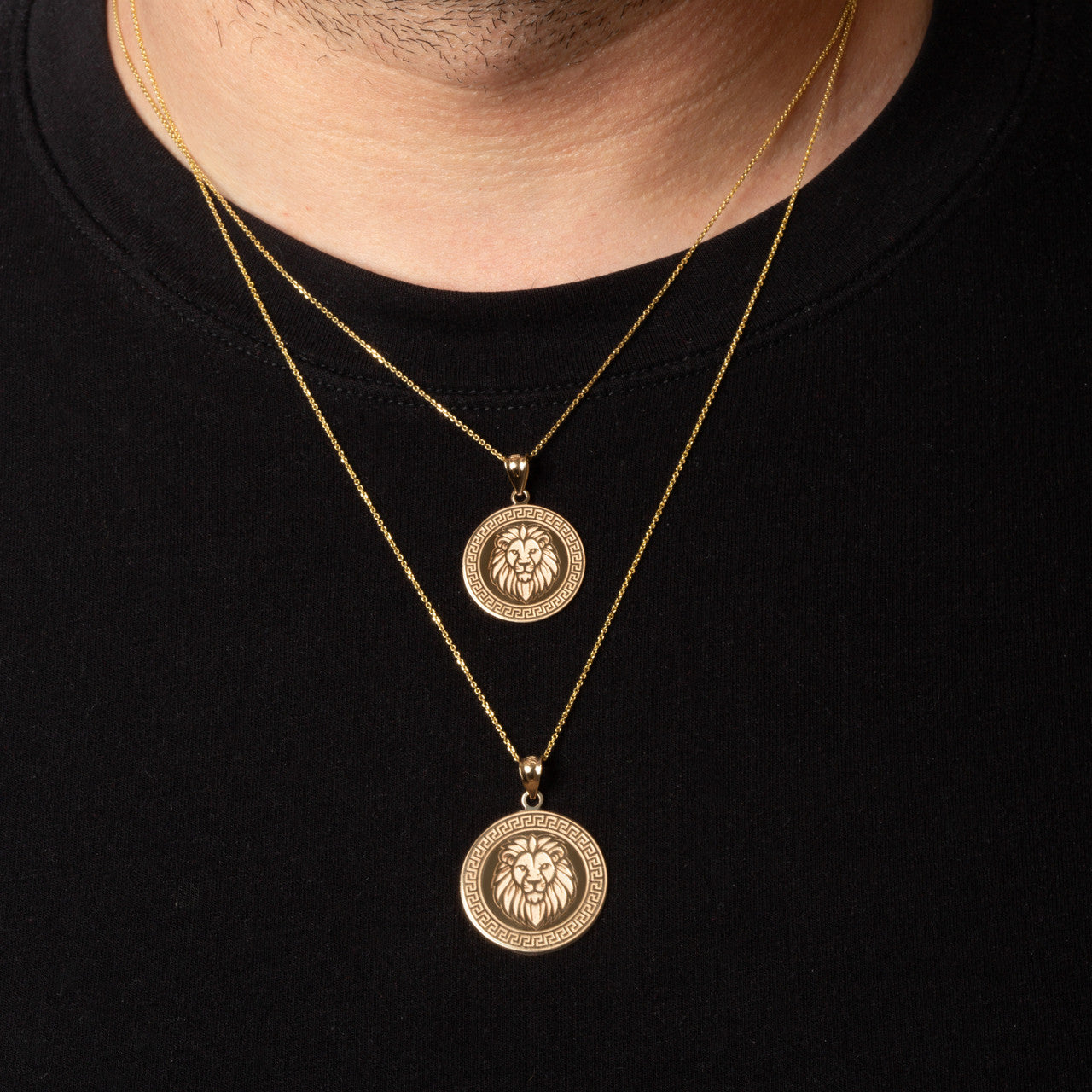 14K Yellow Gold Lion Head Greek Key Medallion Pendant Necklace (Available in Small/Large)