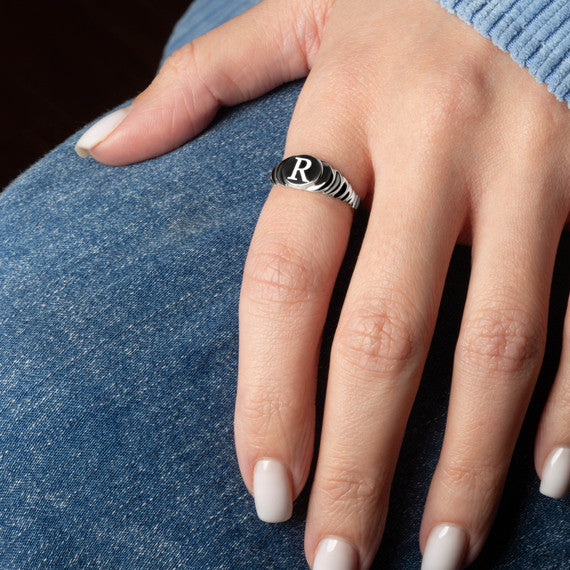 .925 Sterling Silver Engravable Initial Letter A-Z Ribbed Signet Ring