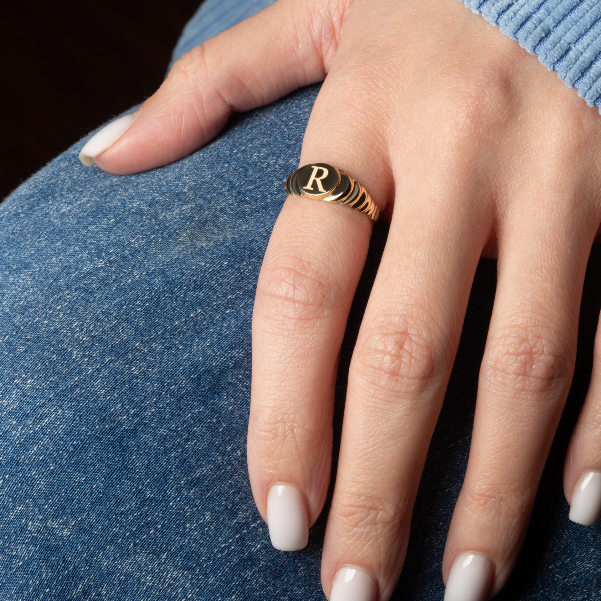 Yellow Gold Engravable Initial Letter A-Z Ribbed Signet Ring