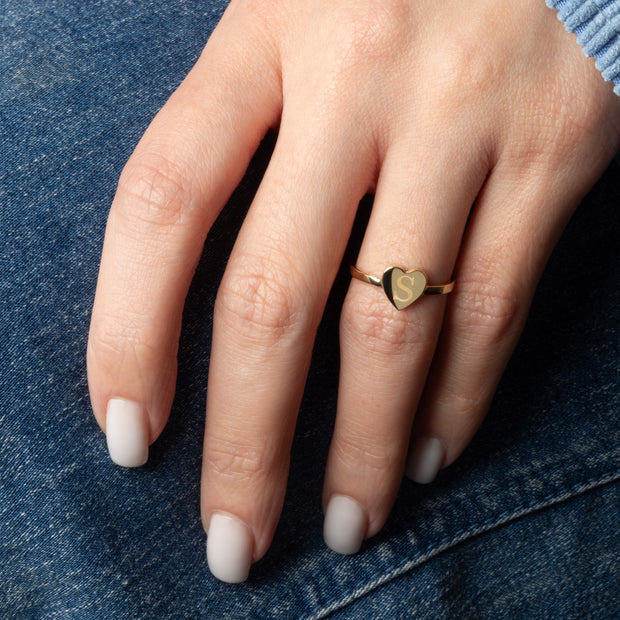 Yellow Gold Engravable Initial Letter A-Z Heart Ring