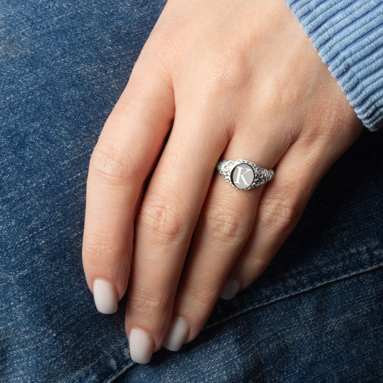 .925 Sterling Silver Engravable Initial Letter A-Z Art Deco Signet Ring