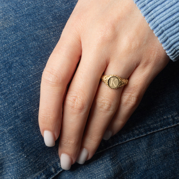 Gold Custom Initial A-Z Art Deco Signet Ring