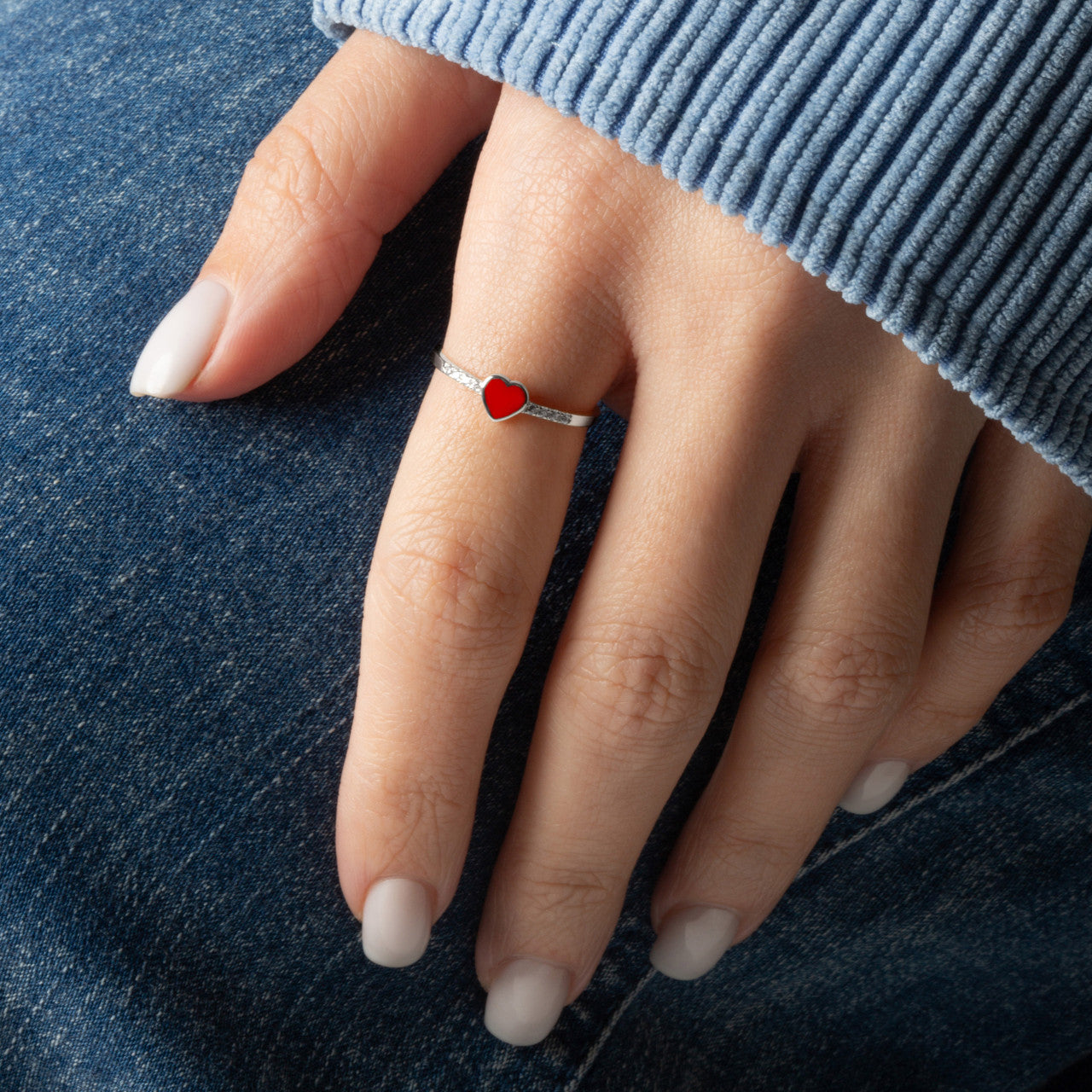 .925 Sterling Silver Red Enamel Heart Cubic Zirconia Ring