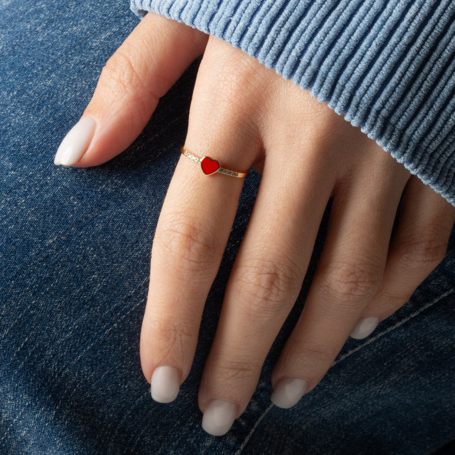 Gold Red Enamel Heart Lab Grown Diamond Ring (Available in Yellow/Rose/White Gold)