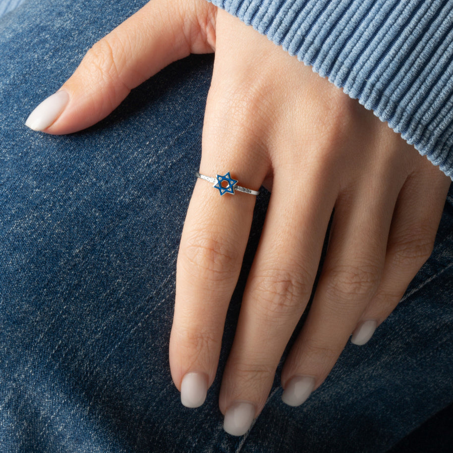 .925 Sterling Silver Blue Enamel Jewish Star of David Cubic Zirconia Ring