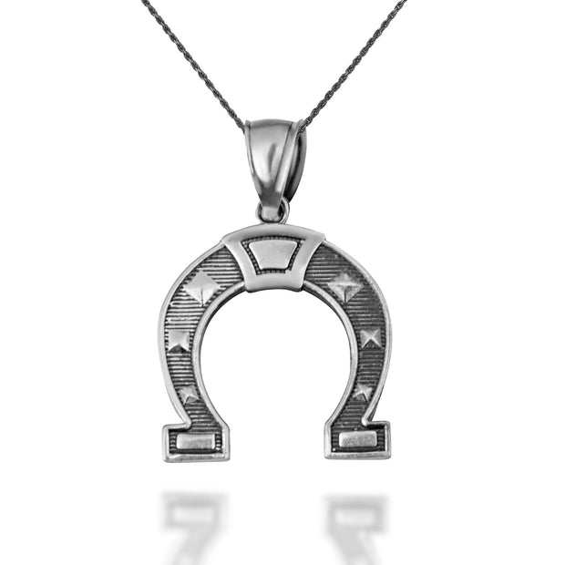 .925 Sterling Silver Lucky Horseshoe Oxidized Charm Pendant Necklace S/L