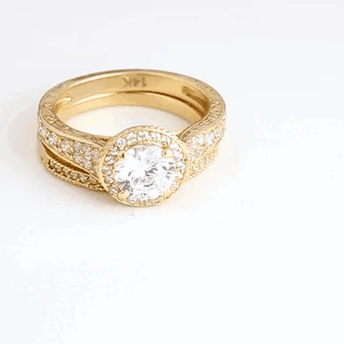 14K Gold Lab Grown Diamond Halo Wedding Band Ring Set (Available in Yellow/Rose/White Gold)