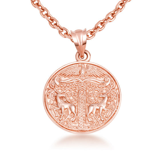 Gold Pagan Irminsul Tree of Life Viking Medallion Pendant Necklace (Available in Yellow/Rose/White Gold)