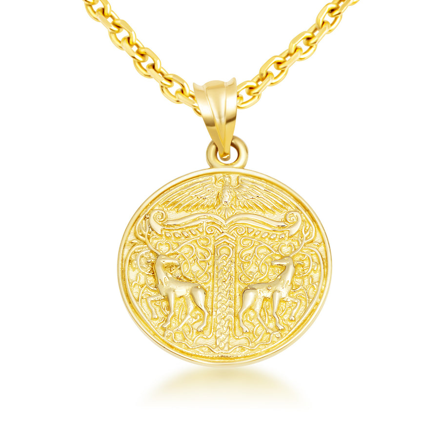 Gold Pagan Irminsul Tree of Life Viking Medallion Pendant Necklace (Available in Yellow/Rose/White Gold)