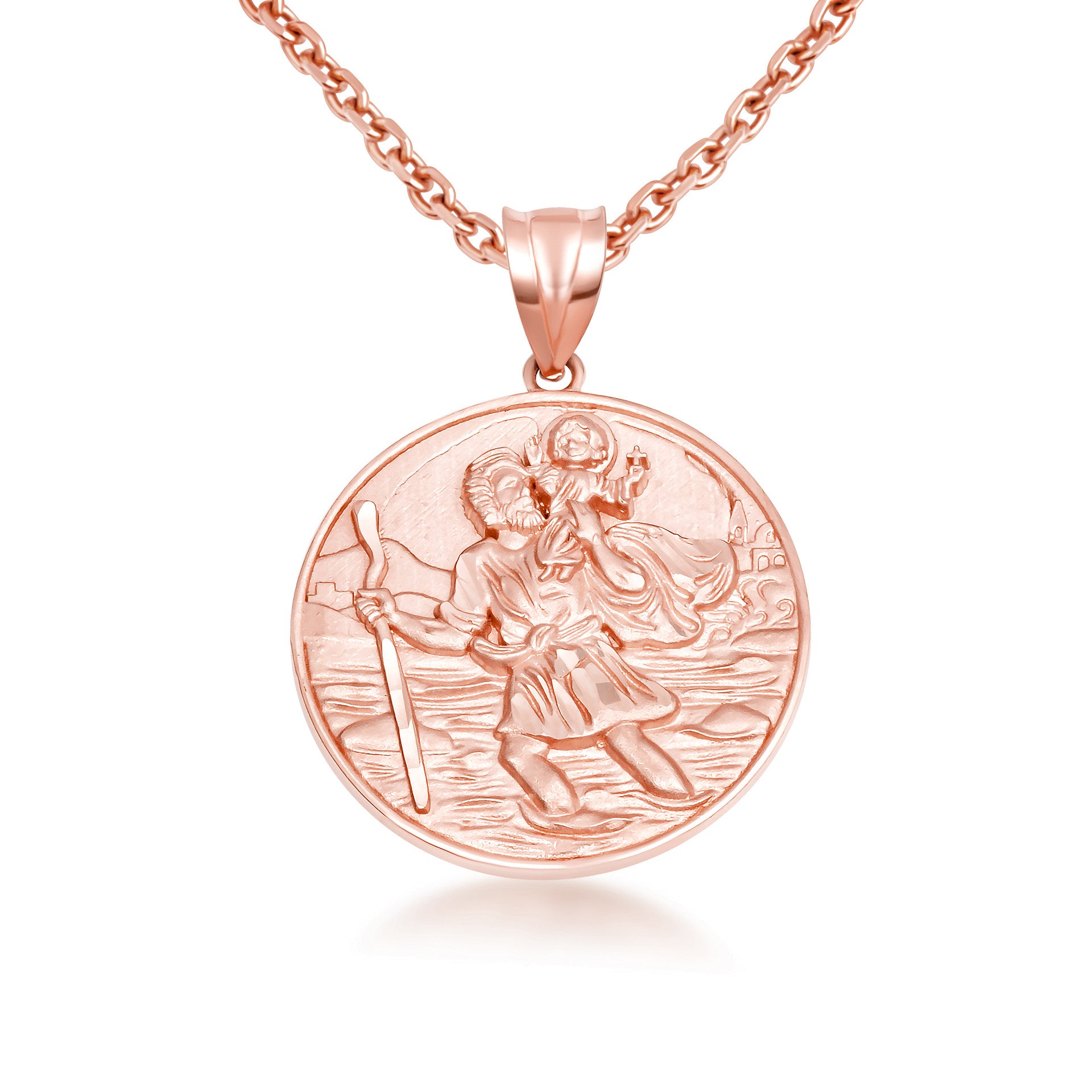 Gold Diamond Cut Patron Saint Christopher Medallion Pendant Necklace Pendant Necklace (Available in Yellow/Rose/White Gold)