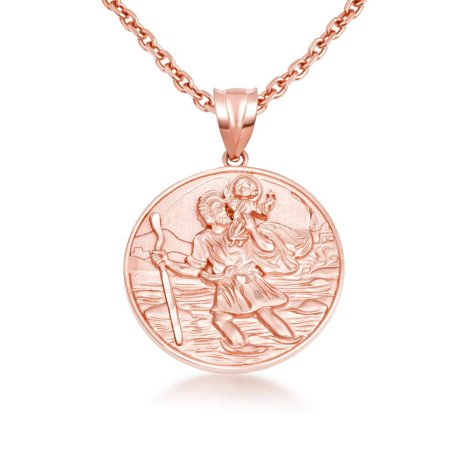 Gold Diamond Cut Patron Saint Christopher Medallion Pendant Necklace Pendant Necklace (Available in Yellow/Rose/White Gold)
