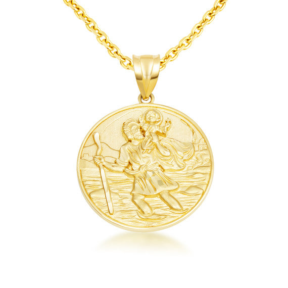 Gold Diamond Cut Patron Saint Christopher Medallion Pendant Necklace Pendant Necklace (Available in Yellow/Rose/White Gold)