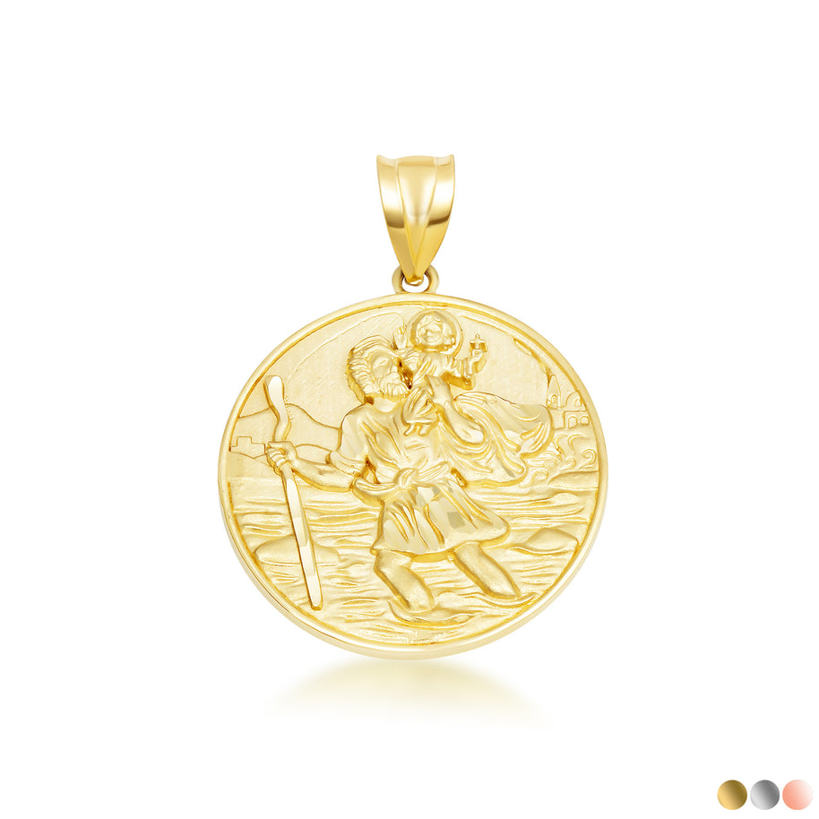 Gold Diamond Cut Patron Saint Christopher Medallion Pendant Necklace Pendant Necklace (Available in Yellow/Rose/White Gold)