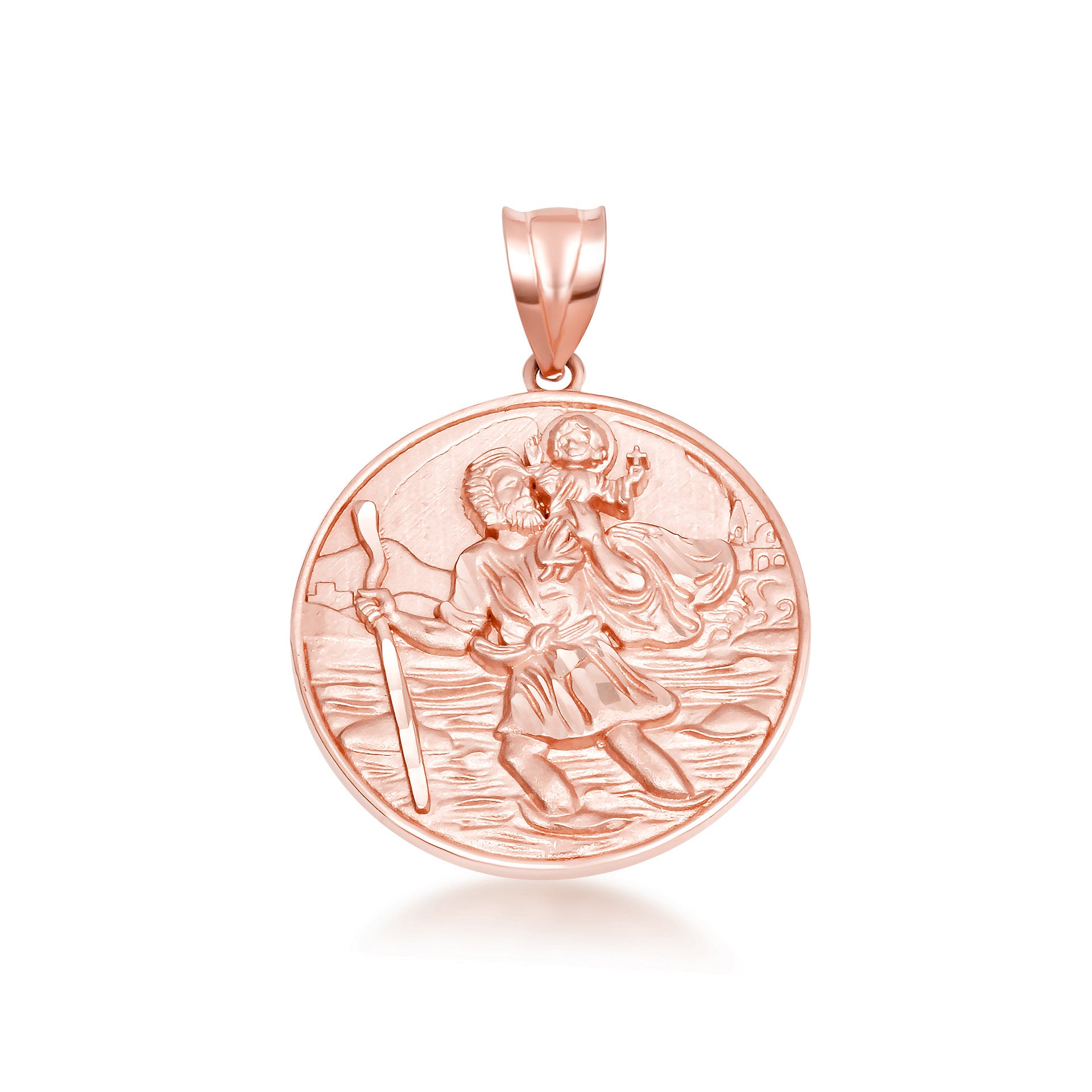 Gold Diamond Cut Patron Saint Christopher Medallion Pendant Necklace Pendant Necklace (Available in Yellow/Rose/White Gold)