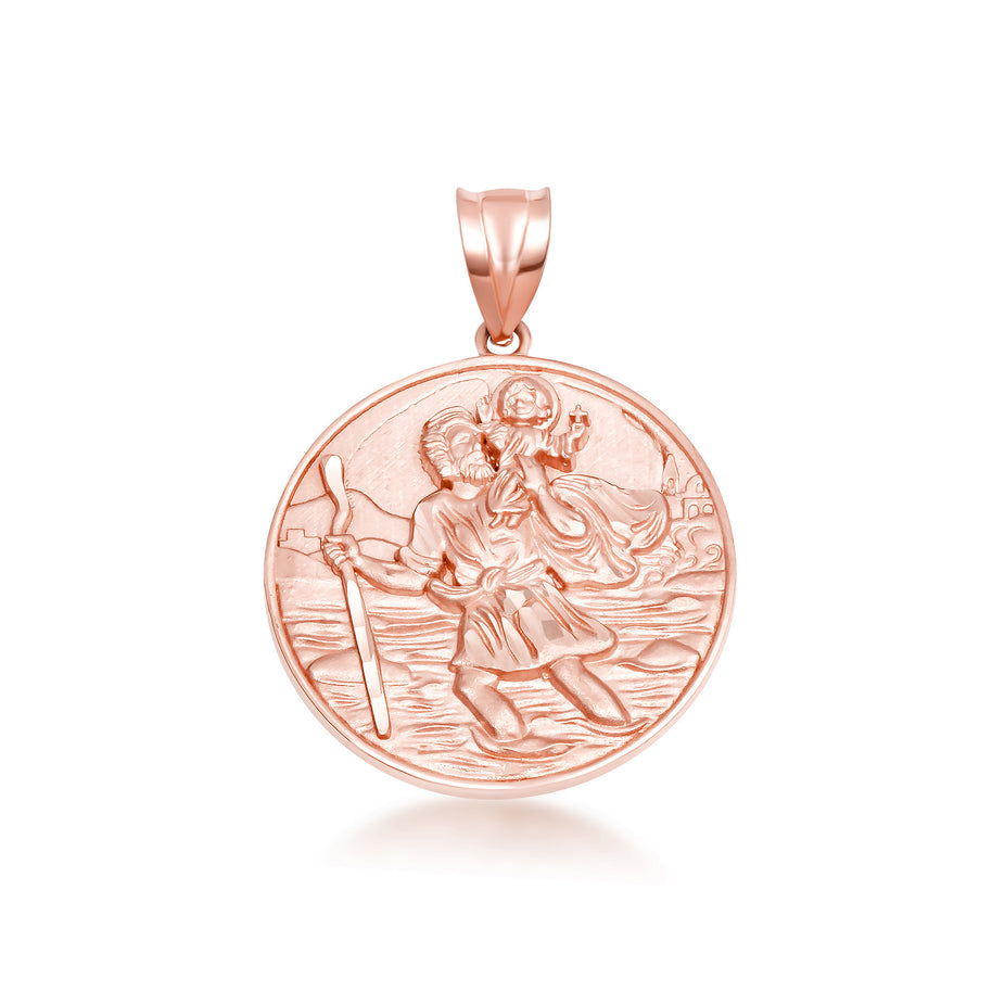Gold Diamond Cut Patron Saint Christopher Medallion Pendant Necklace Pendant Necklace (Available in Yellow/Rose/White Gold)