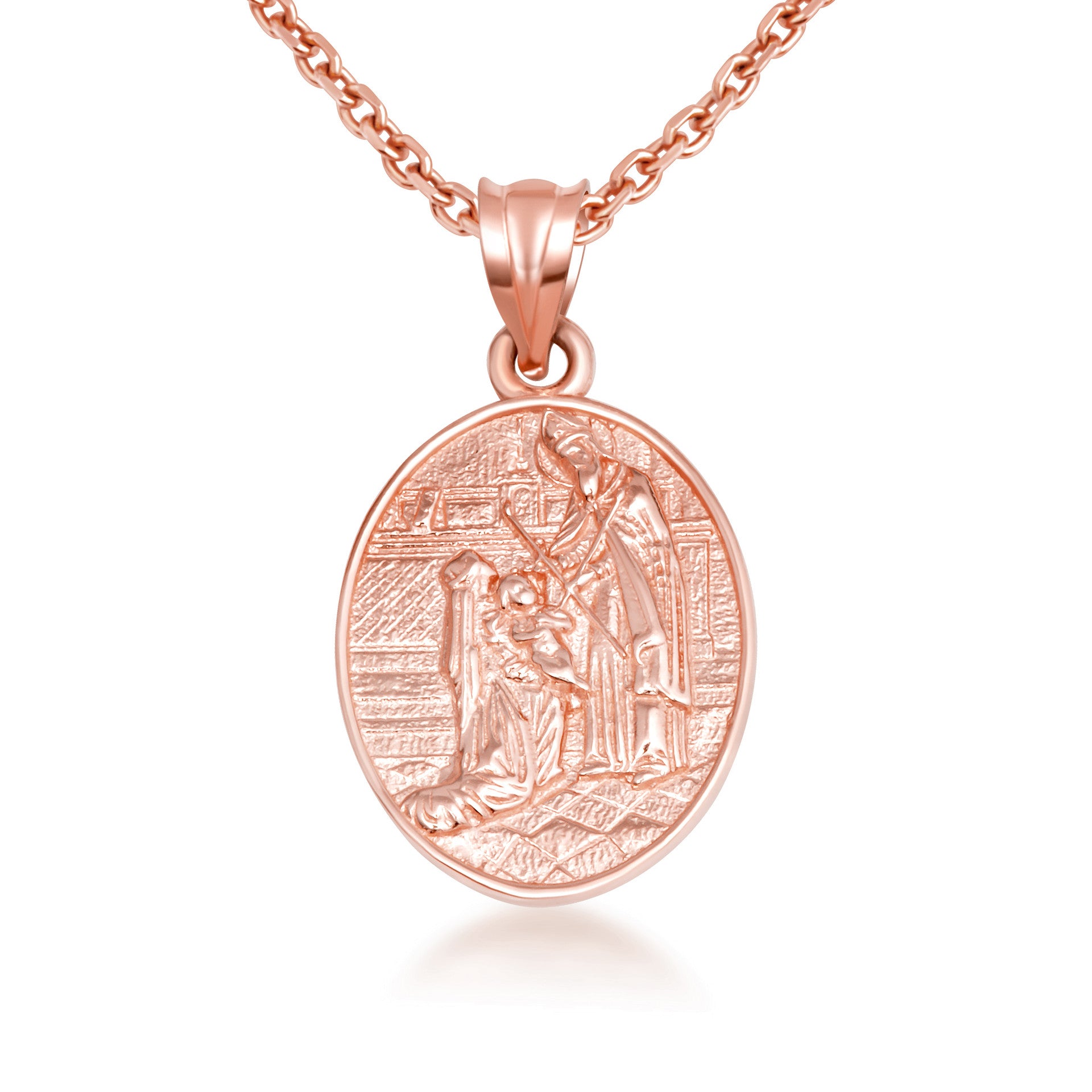 Gold Religious Baby Jesus Mary & Joseph Oval Medallion Pendant Necklace (Available in Yellow/Rose/White Gold)