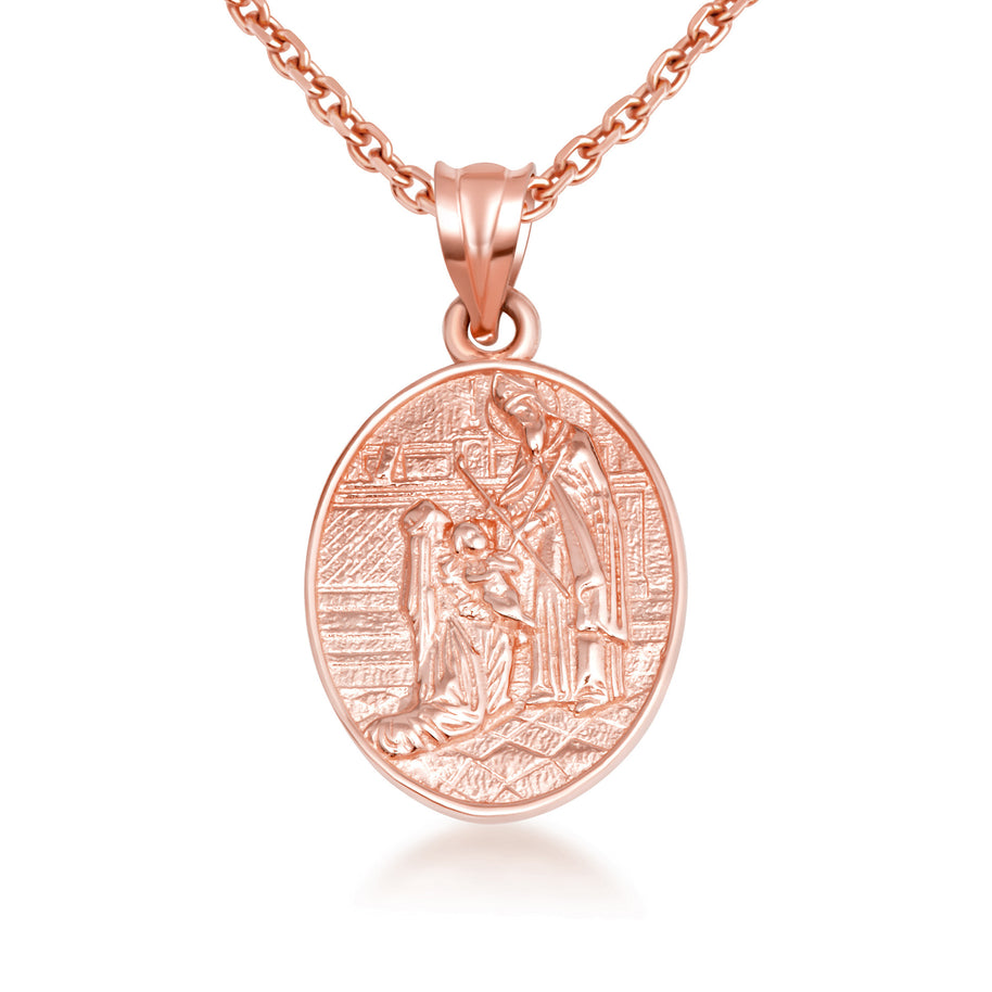 Gold Religious Baby Jesus Mary & Joseph Oval Medallion Pendant Necklace (Available in Yellow/Rose/White Gold)