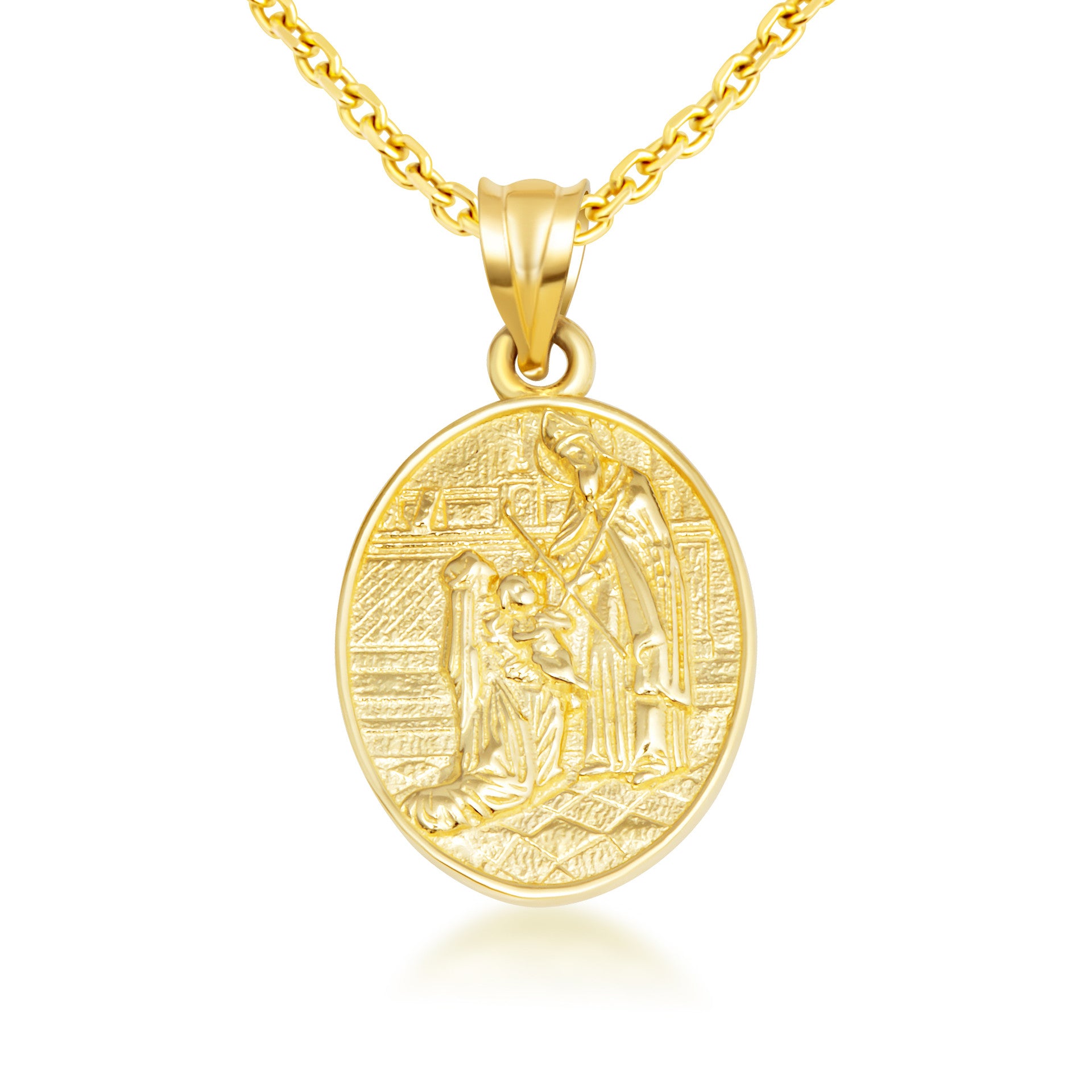 Gold Religious Baby Jesus Mary & Joseph Oval Medallion Pendant Necklace (Available in Yellow/Rose/White Gold)
