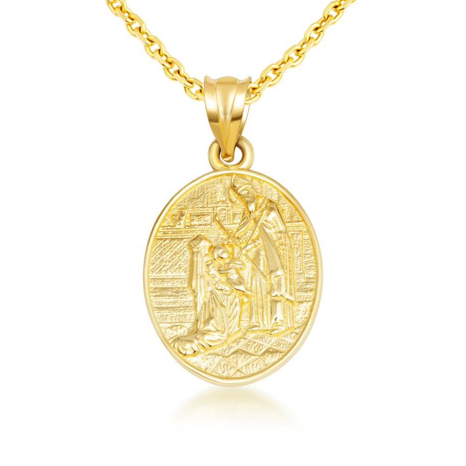 Gold Religious Baby Jesus Mary & Joseph Oval Medallion Pendant Necklace (Available in Yellow/Rose/White Gold)