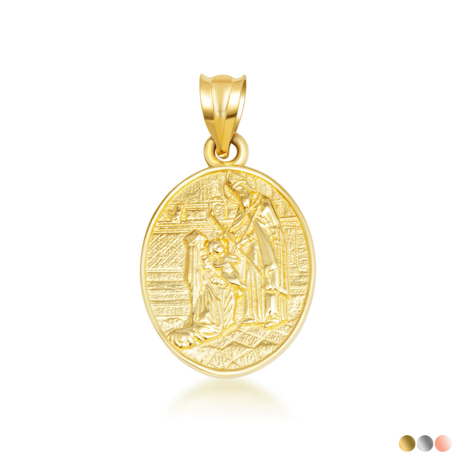 Gold Religious Baby Jesus Mary & Joseph Oval Medallion Pendant Necklace (Available in Yellow/Rose/White Gold)
