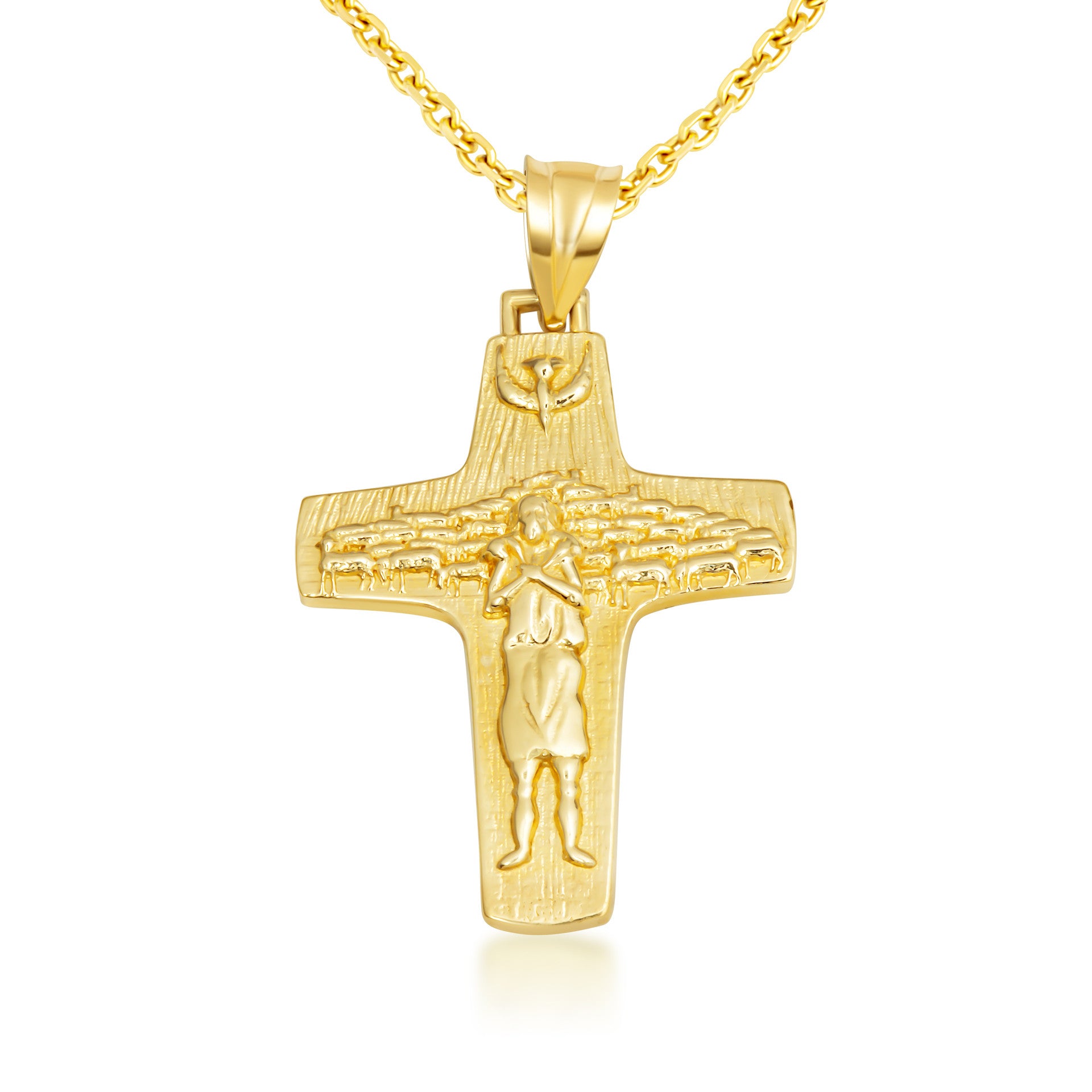 Gold Jesus Christ Good Shepherd Cross Pendant Necklace S/L (Available in Yellow/Rose/White Gold)