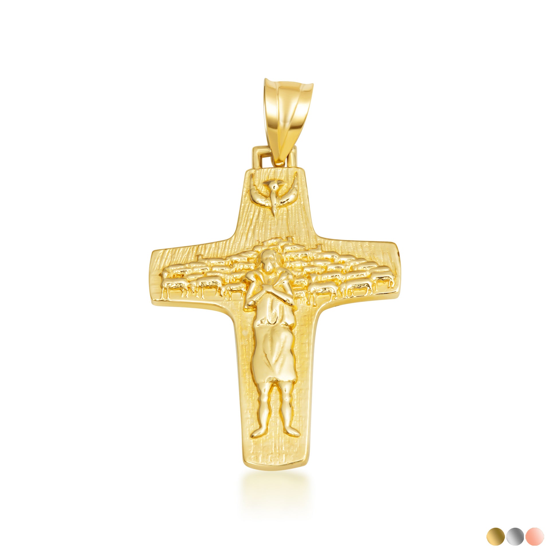 Gold Jesus Christ Good Shepherd Cross Pendant Necklace S/L (Available in Yellow/Rose/White Gold)