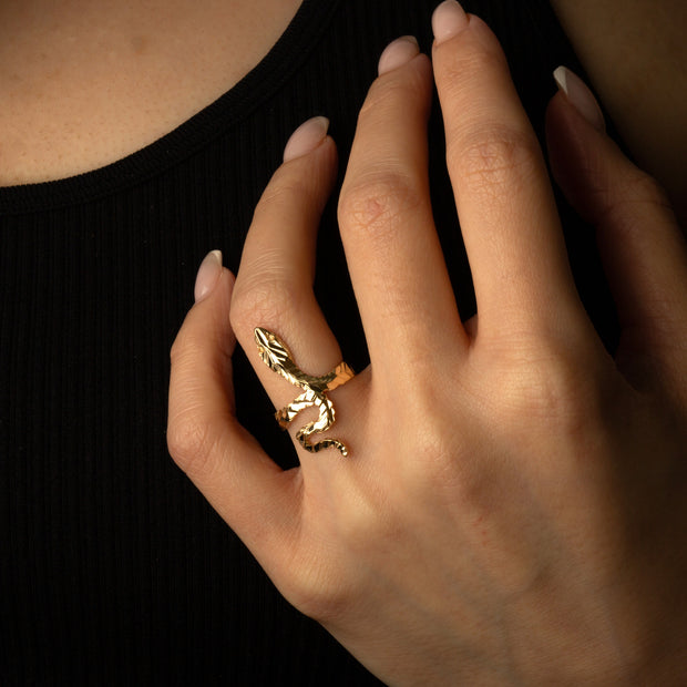 Yellow Gold Diamond Cut Textured Serpent Snake Ring