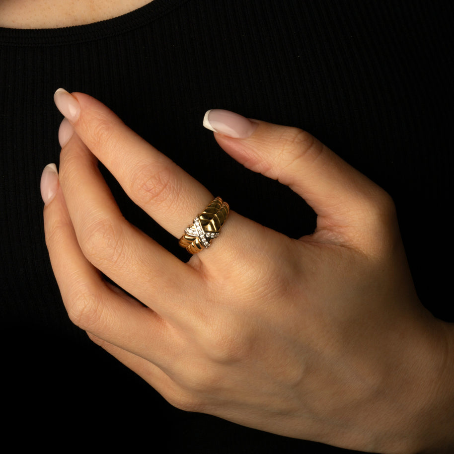 Two-Tone Gold Ribbed X Design Ring (Available in Yellow/Rose/White Gold)