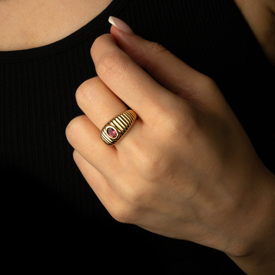 Gold Oval Birthstone Ribbed Cocktail Ring (Available in Yellow/Rose/White Gold)