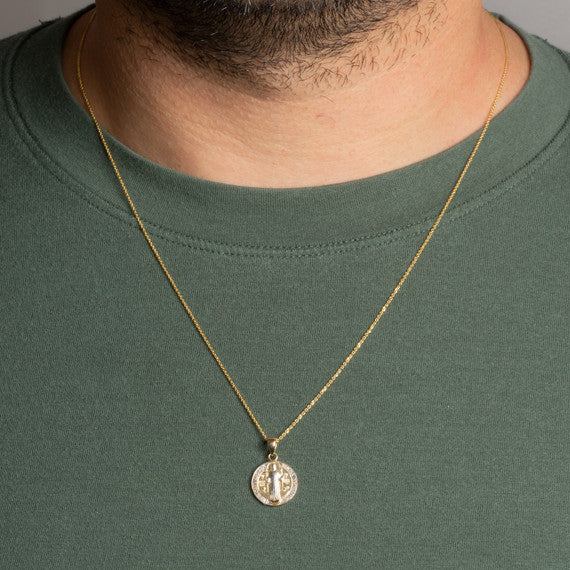 Two-Tone Gold Saint Benedict Cross Medallion Reversible Pendant Necklace