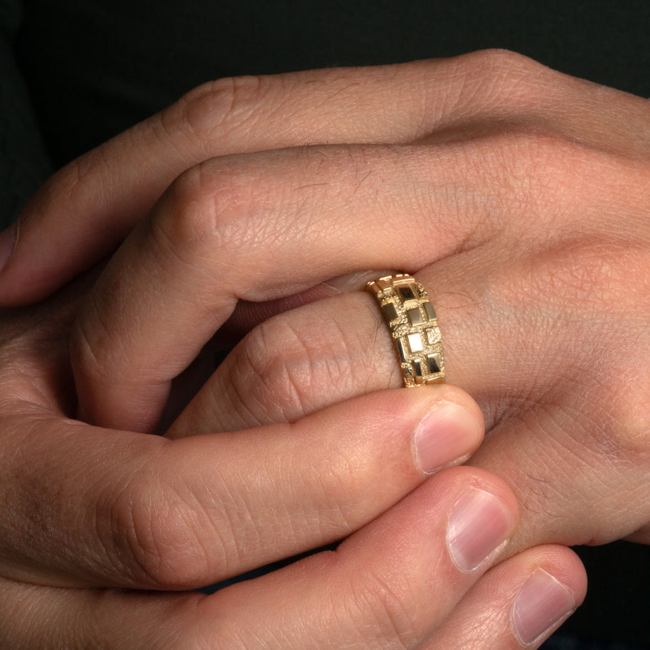 Gold Textured Square Nugget Band Ring (Available in Yellow/Rose/White Gold)